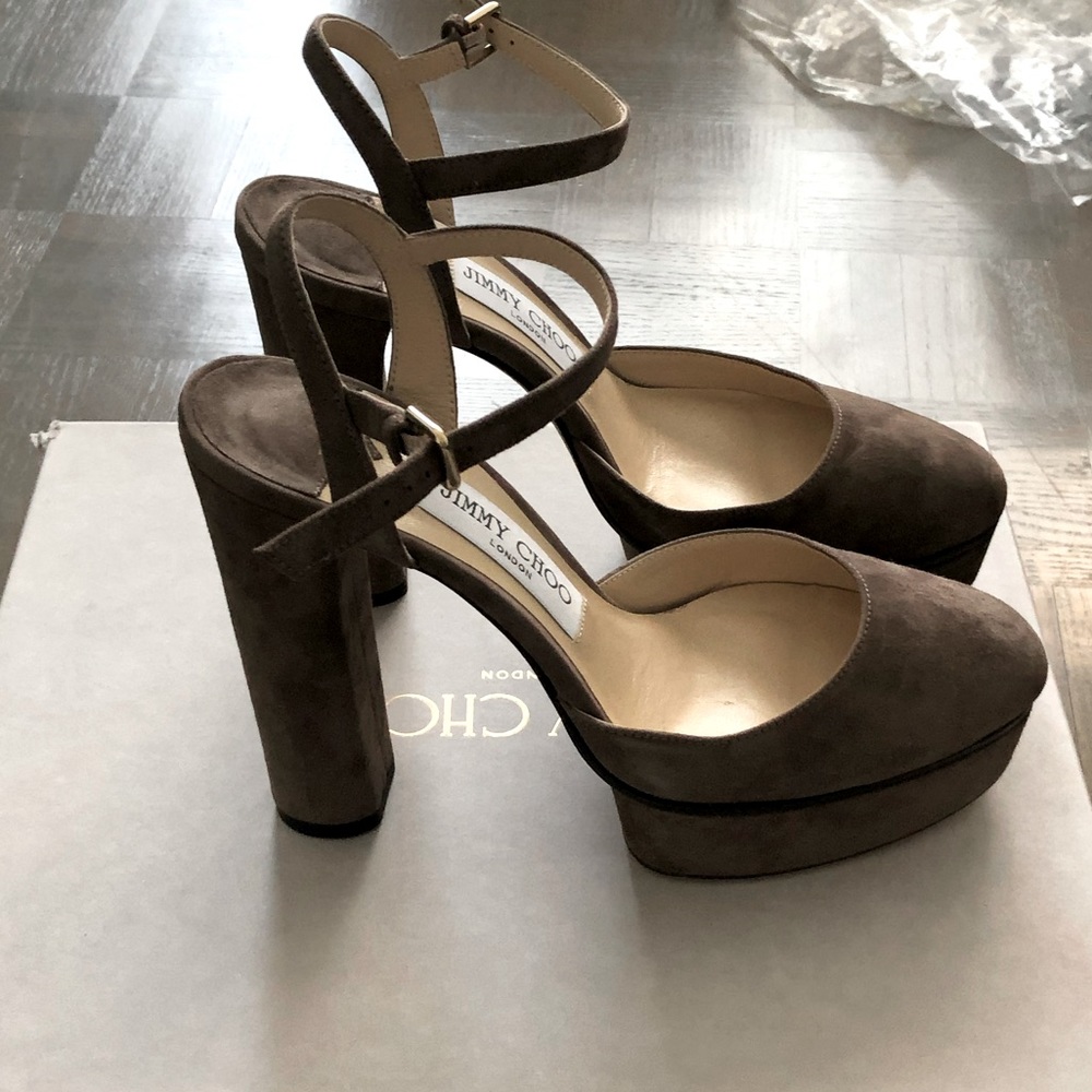 Jimmy Choo taupe suede platform heels
